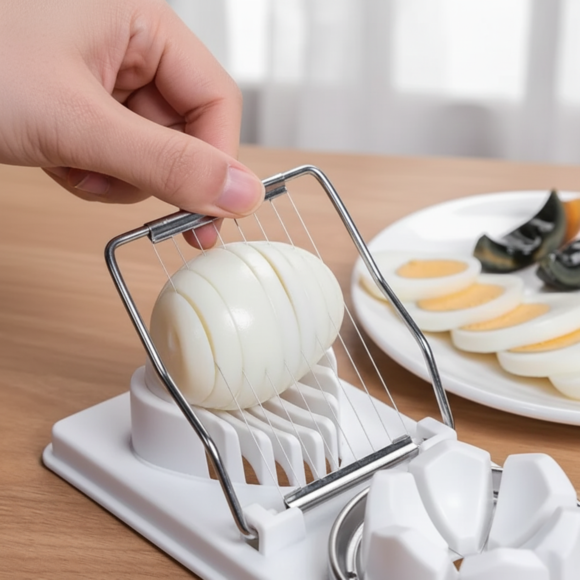 EggMaster Pro stainless steel egg slicer cutting a hard-boiled egg into even slices.