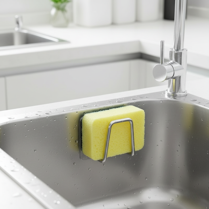 AquaHold Sink Sponge Rack attached inside stainless steel kitchen sink