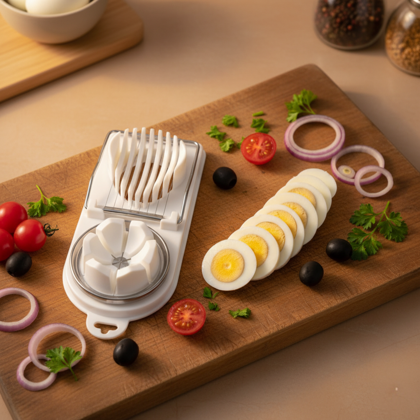 Egg slicer with sliced eggs on a wooden cutting board with vegetables.